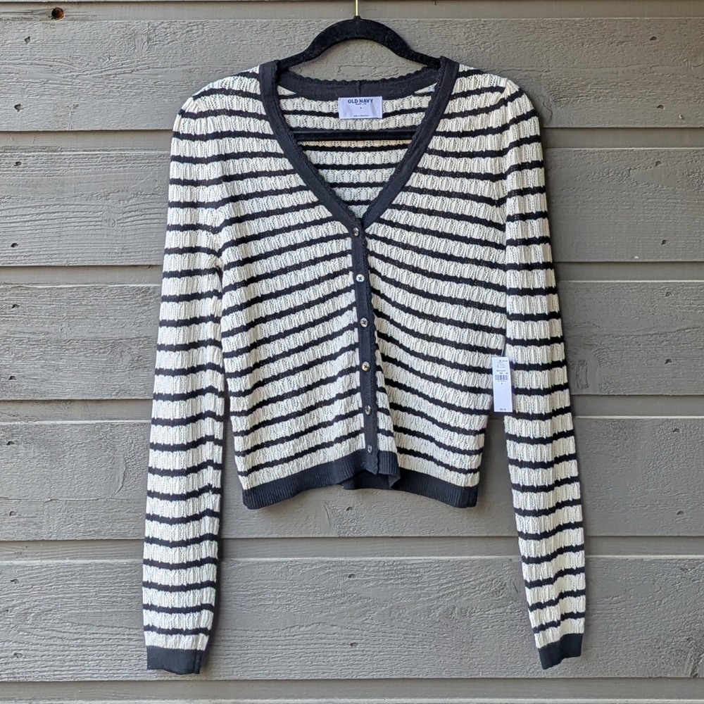 Old Navy Black and Cream Striped V‑Neck Button Cardigan